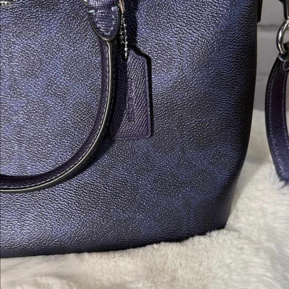 NWT COACH Navy Dark Blue‎ logo print Sadie Satchel, Wristlet, Dust bag BUNDLE.